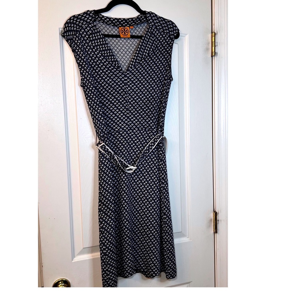 Tory Burch Navy Blue White Geometric Print V-Neck Belted Dress Womens Medium - Picture 2 of 10
